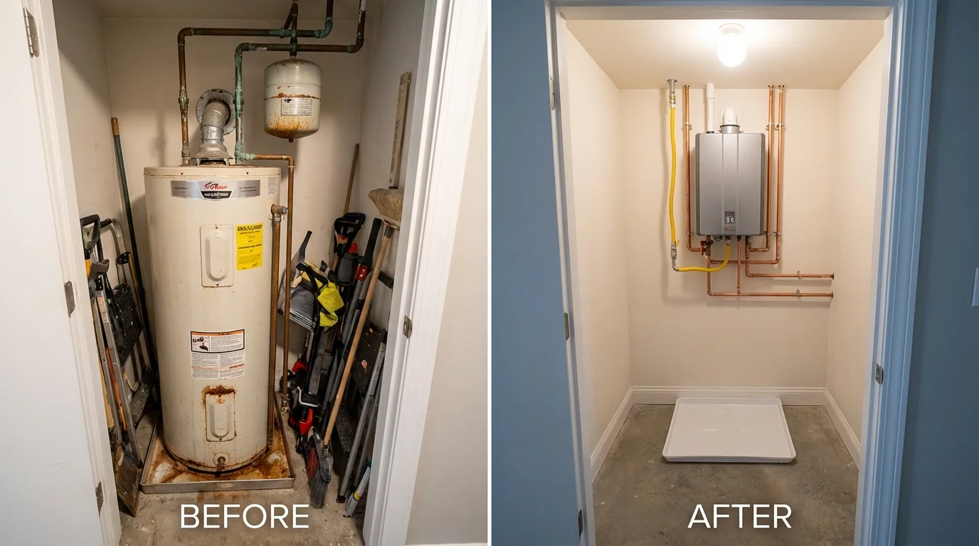 Tank water heater versus wall-mounted tankless unit comparison for Edgewater, MD homeowners
