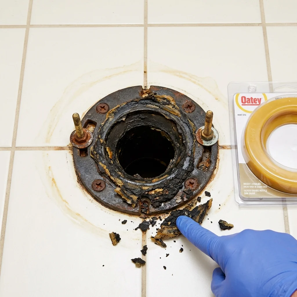 Failed wax ring showing water seepage at the base of a toilet in a Edgewater, MD home