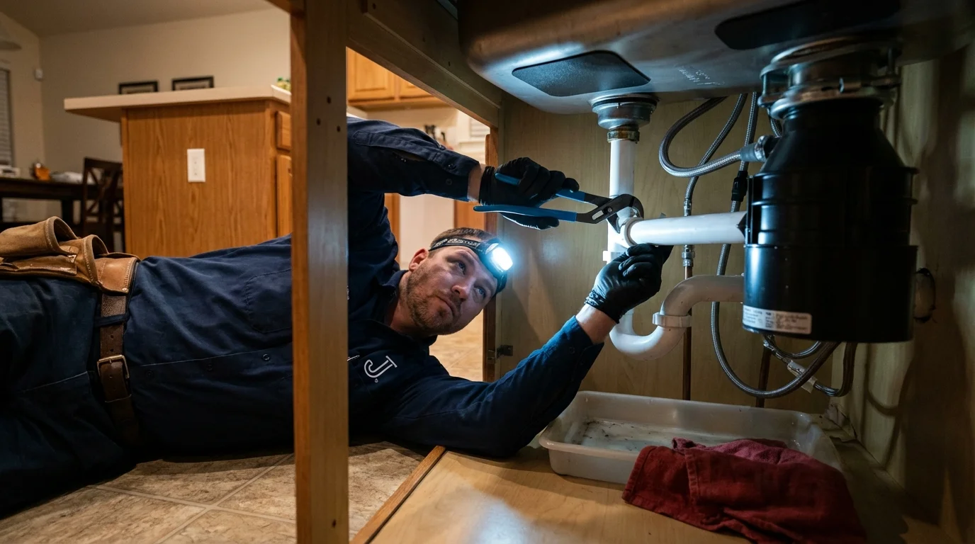 P-trap and supply line connections under a kitchen sink showing a common leak point in Edgewater, MD
